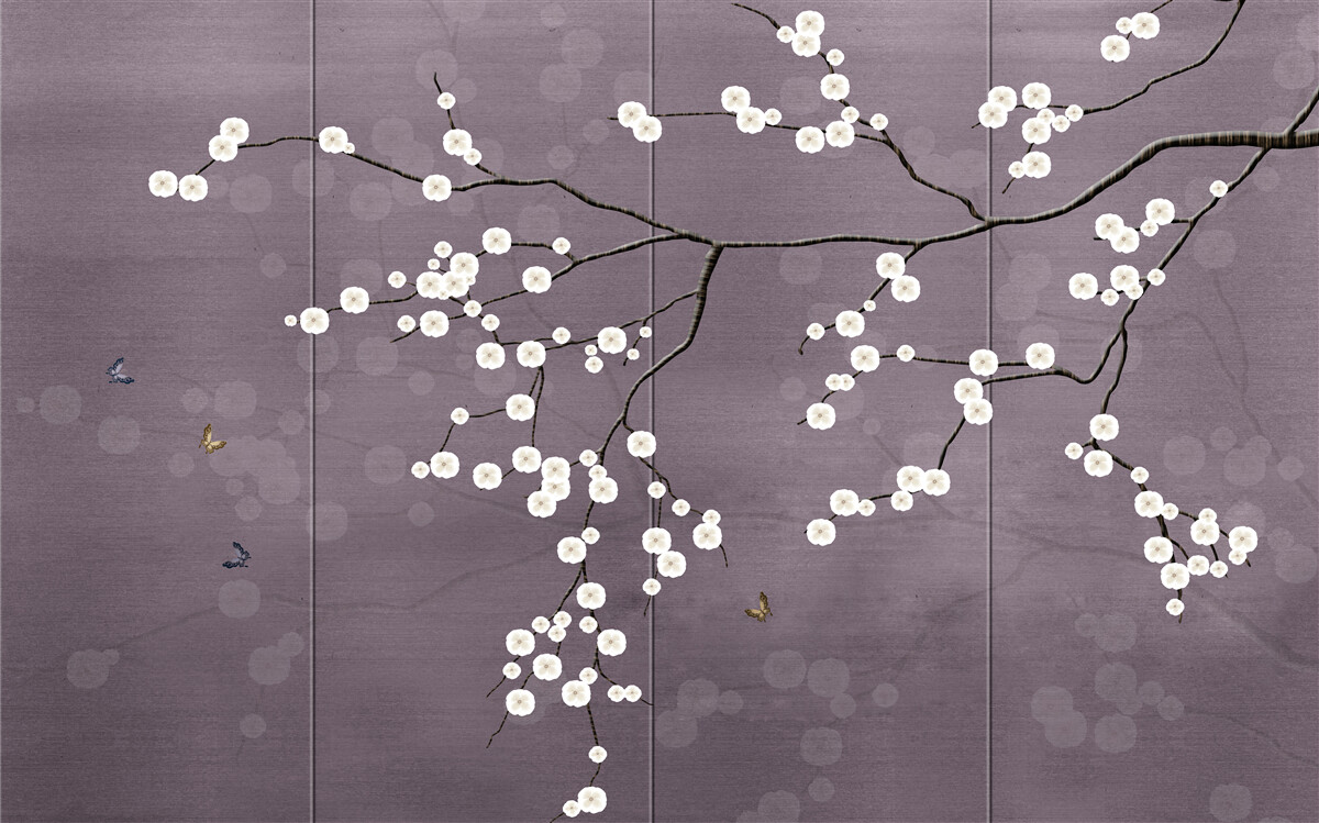 Papier peint branche parsemée de petites fleurs blanches