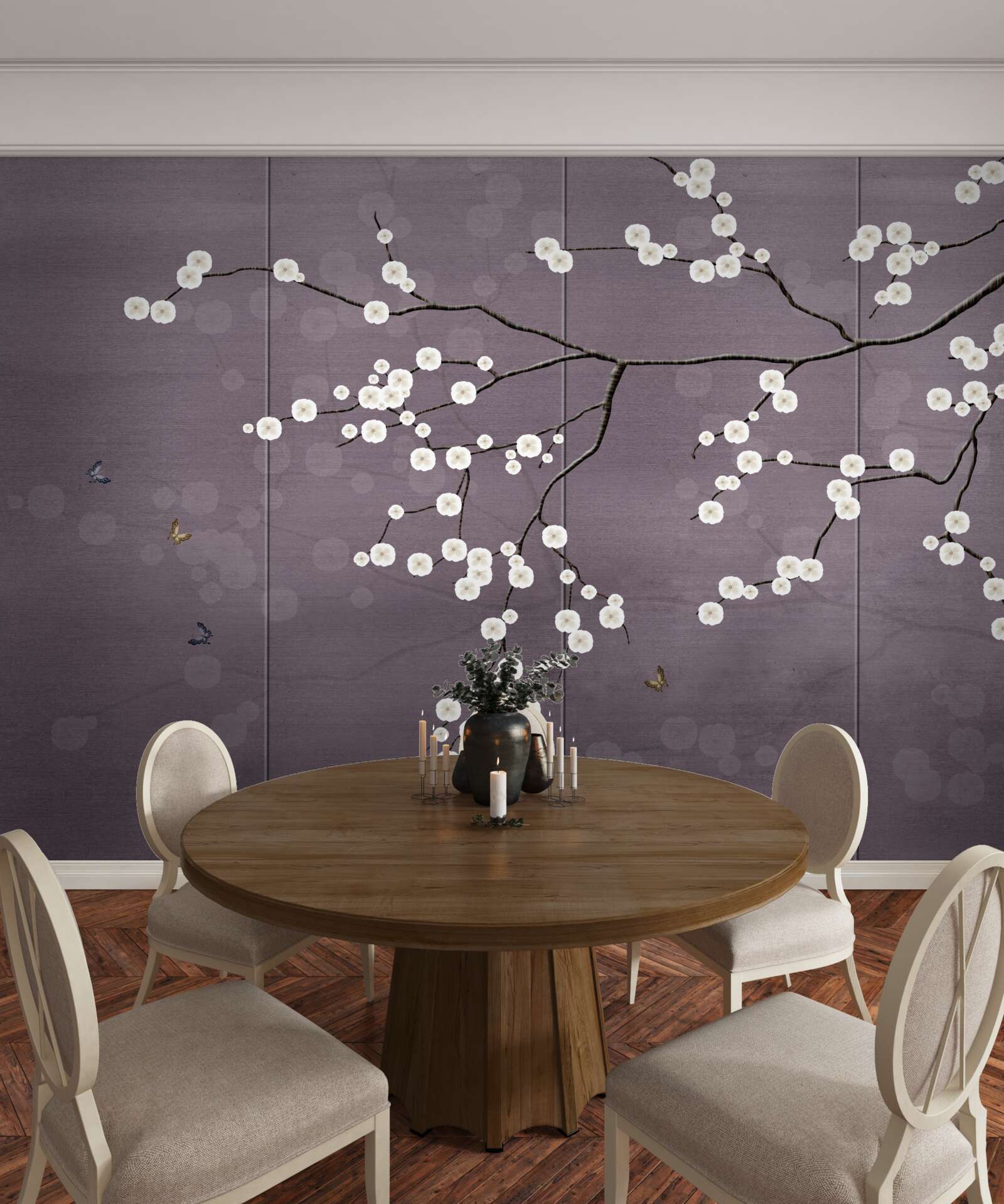 Papier peint branche parsemée de petites fleurs blanches