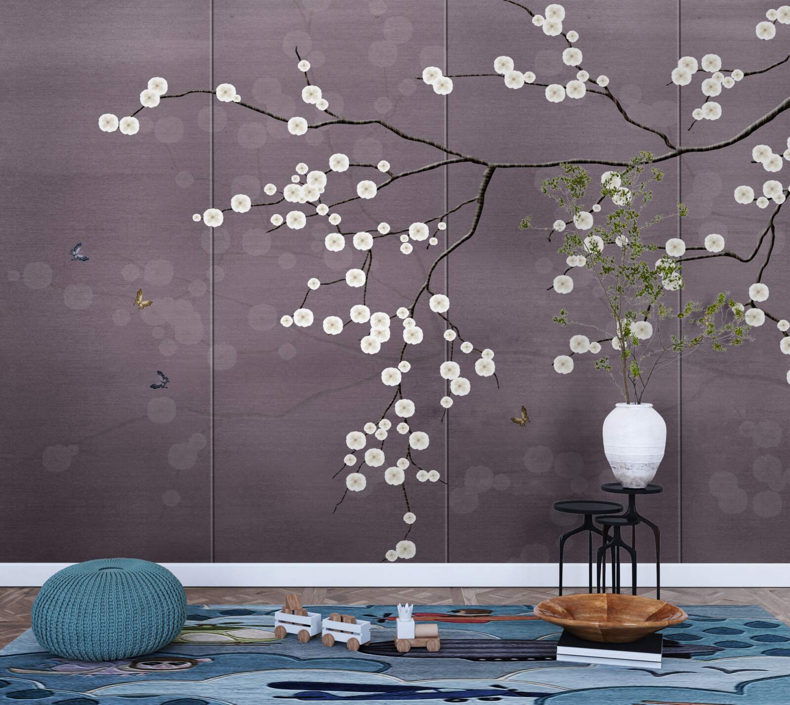 Papier peint branche parsemée de petites fleurs blanches