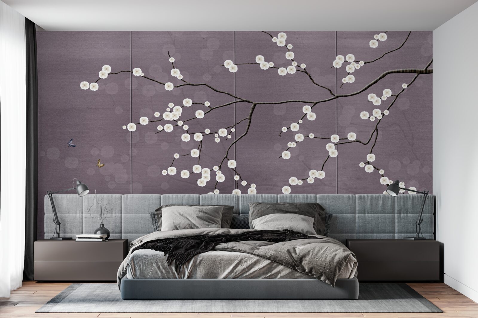 Papier peint branche parsemée de petites fleurs blanches