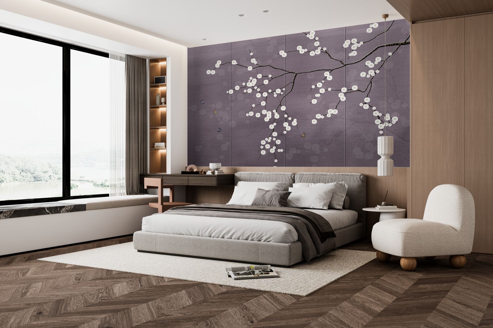 Papier peint branche parsemée de petites fleurs blanches