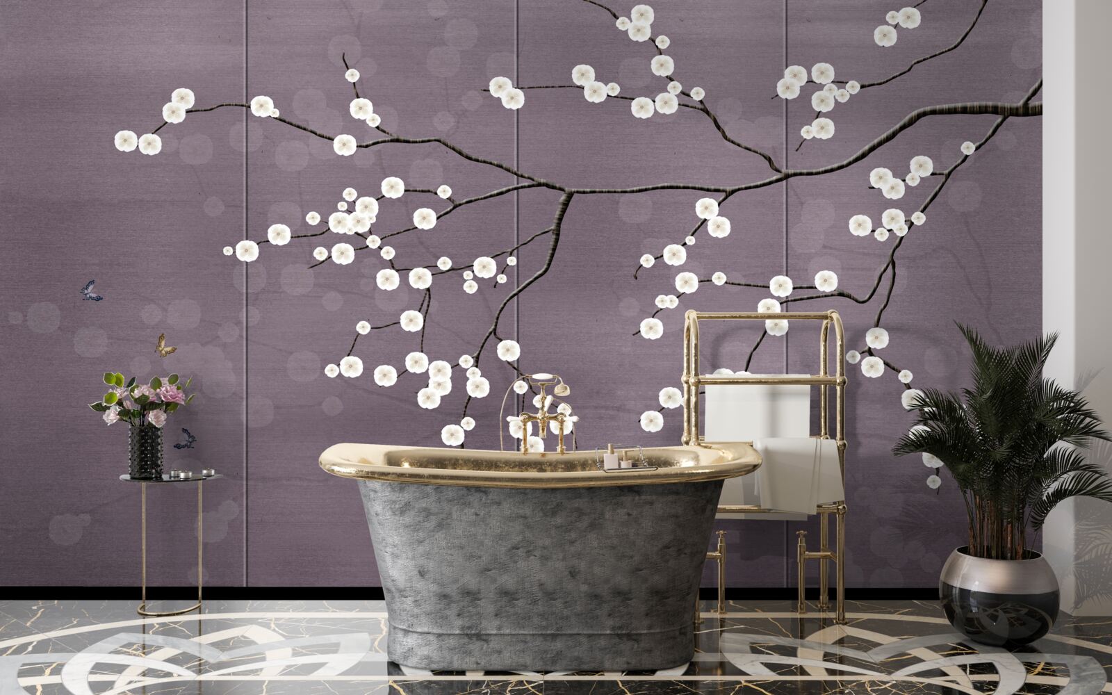 Papier peint branche parsemée de petites fleurs blanches