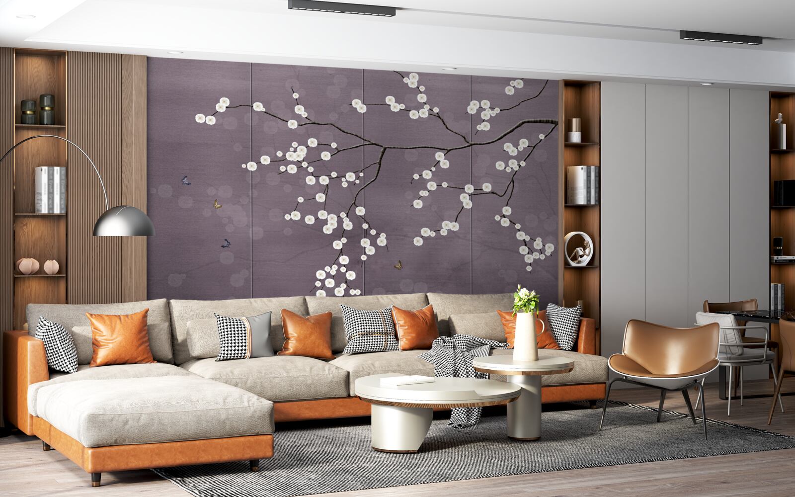 Papier peint branche parsemée de petites fleurs blanches