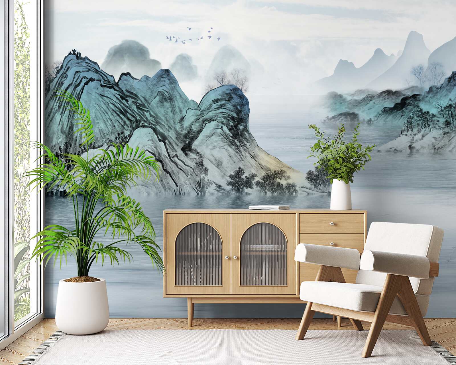 Papier peint pêcheur sur un réservoir de montagne