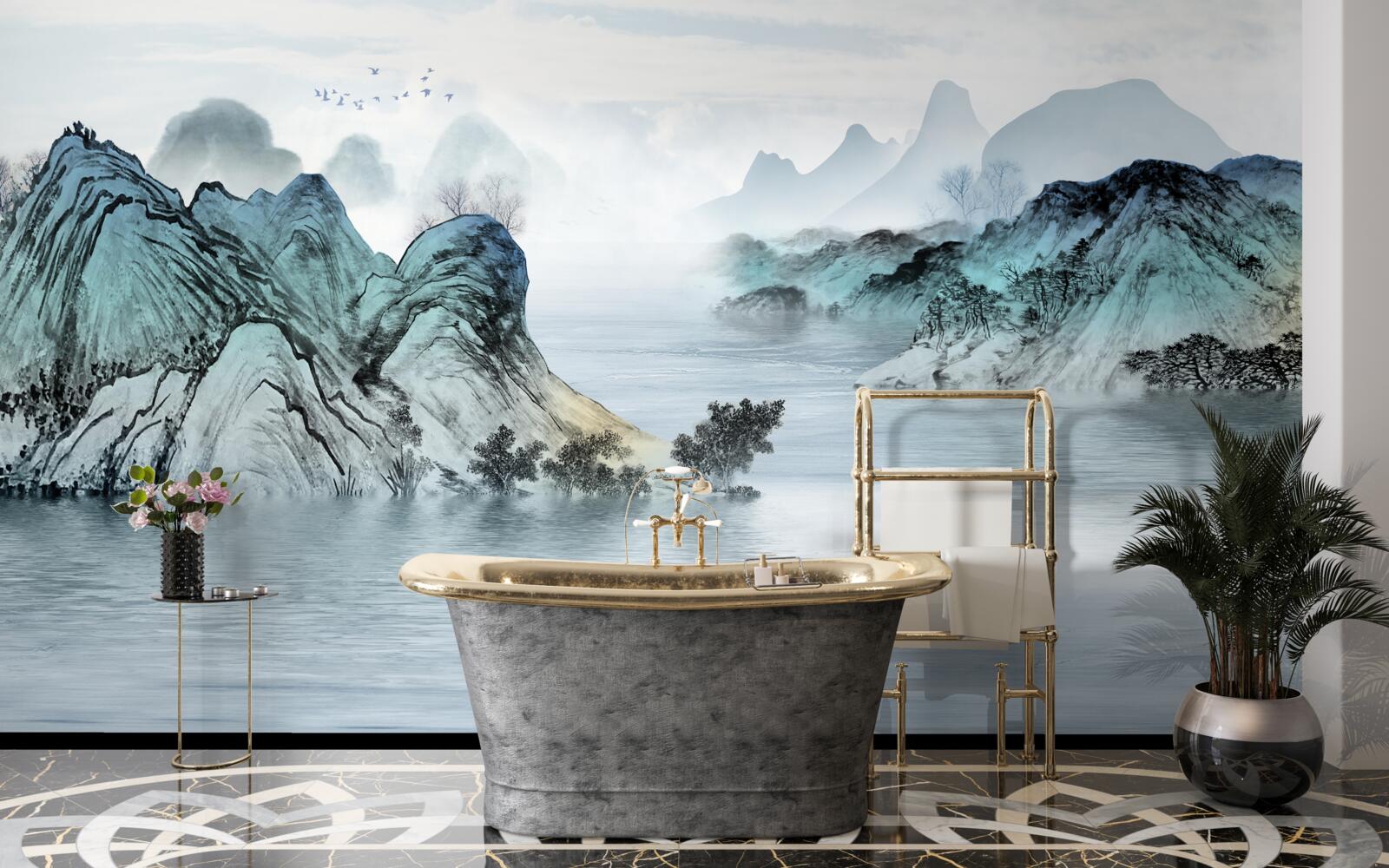 Papier peint pêcheur sur un réservoir de montagne