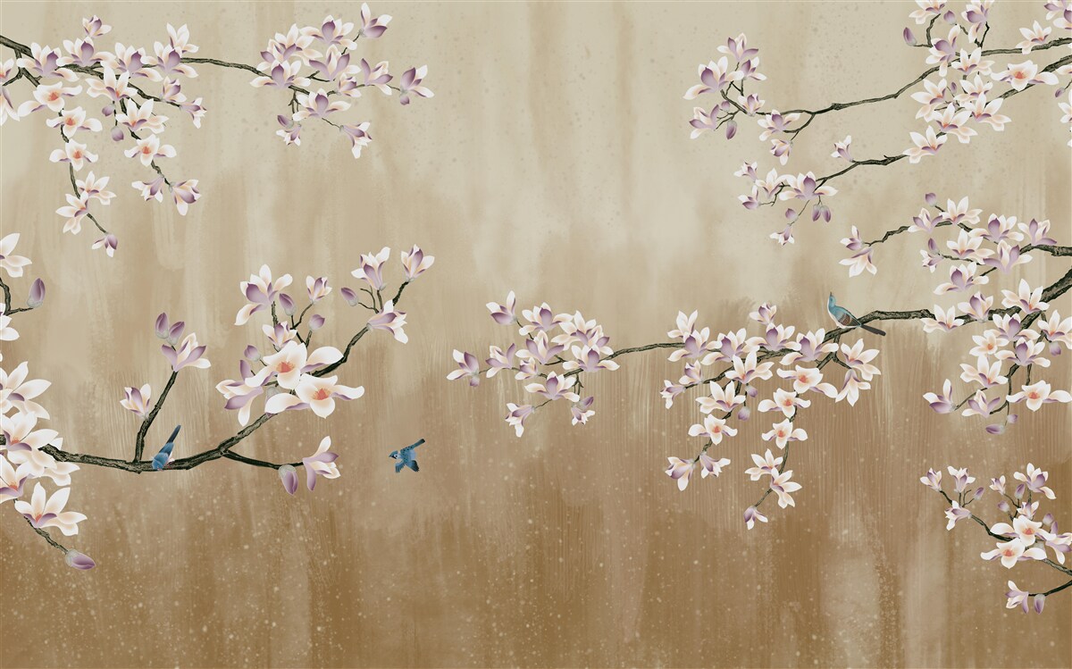 Papier peint des fleurs épanouies qui font la joie des oiseaux