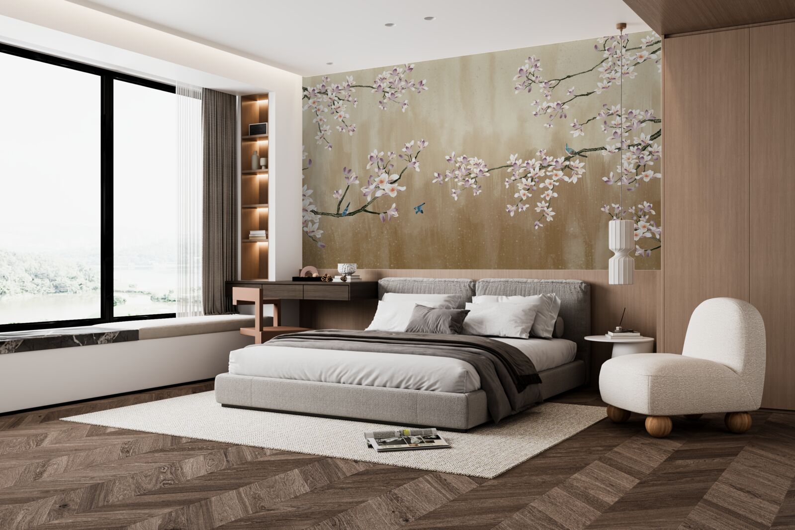 Papier peint des fleurs épanouies qui font la joie des oiseaux