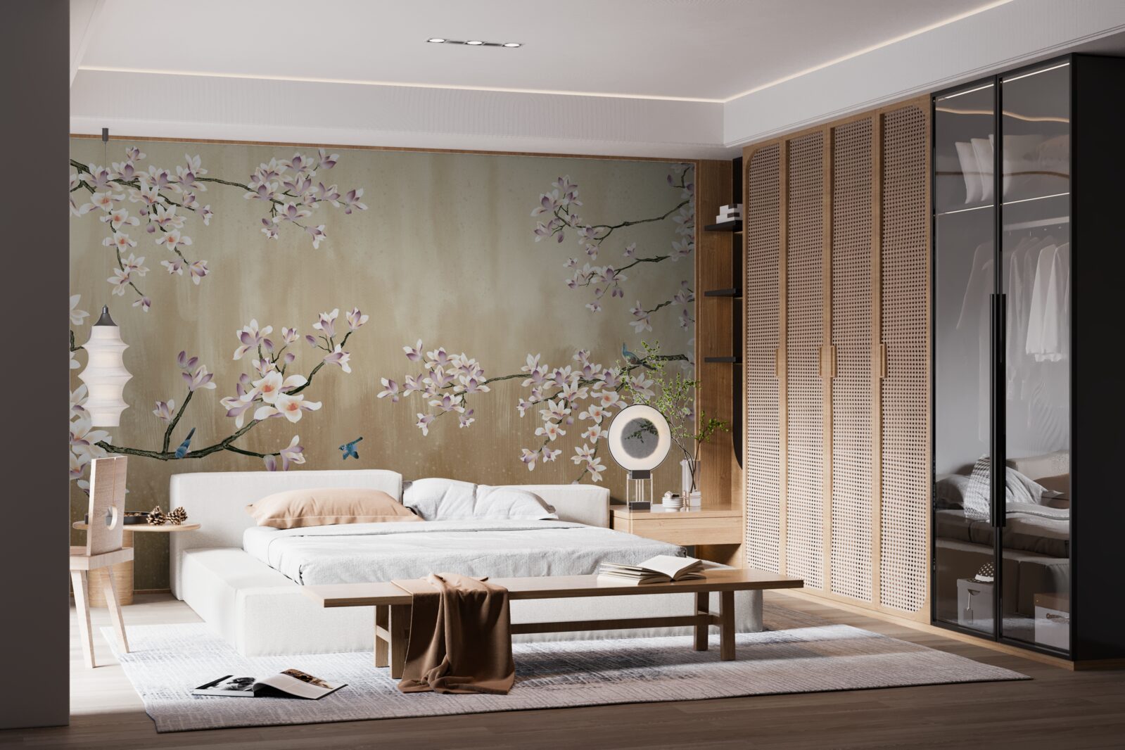 Papier peint des fleurs épanouies qui font la joie des oiseaux