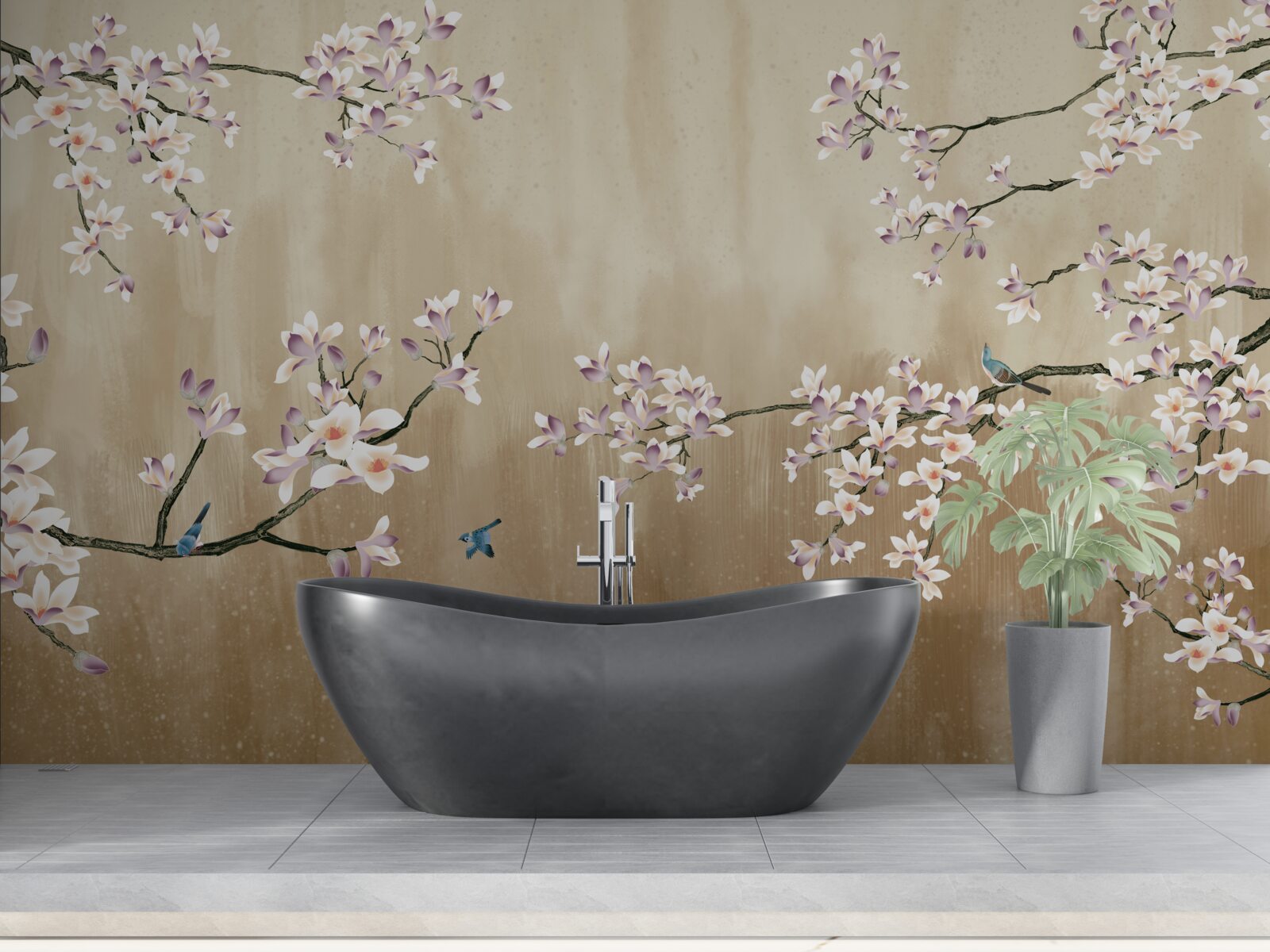 Papier peint des fleurs épanouies qui font la joie des oiseaux