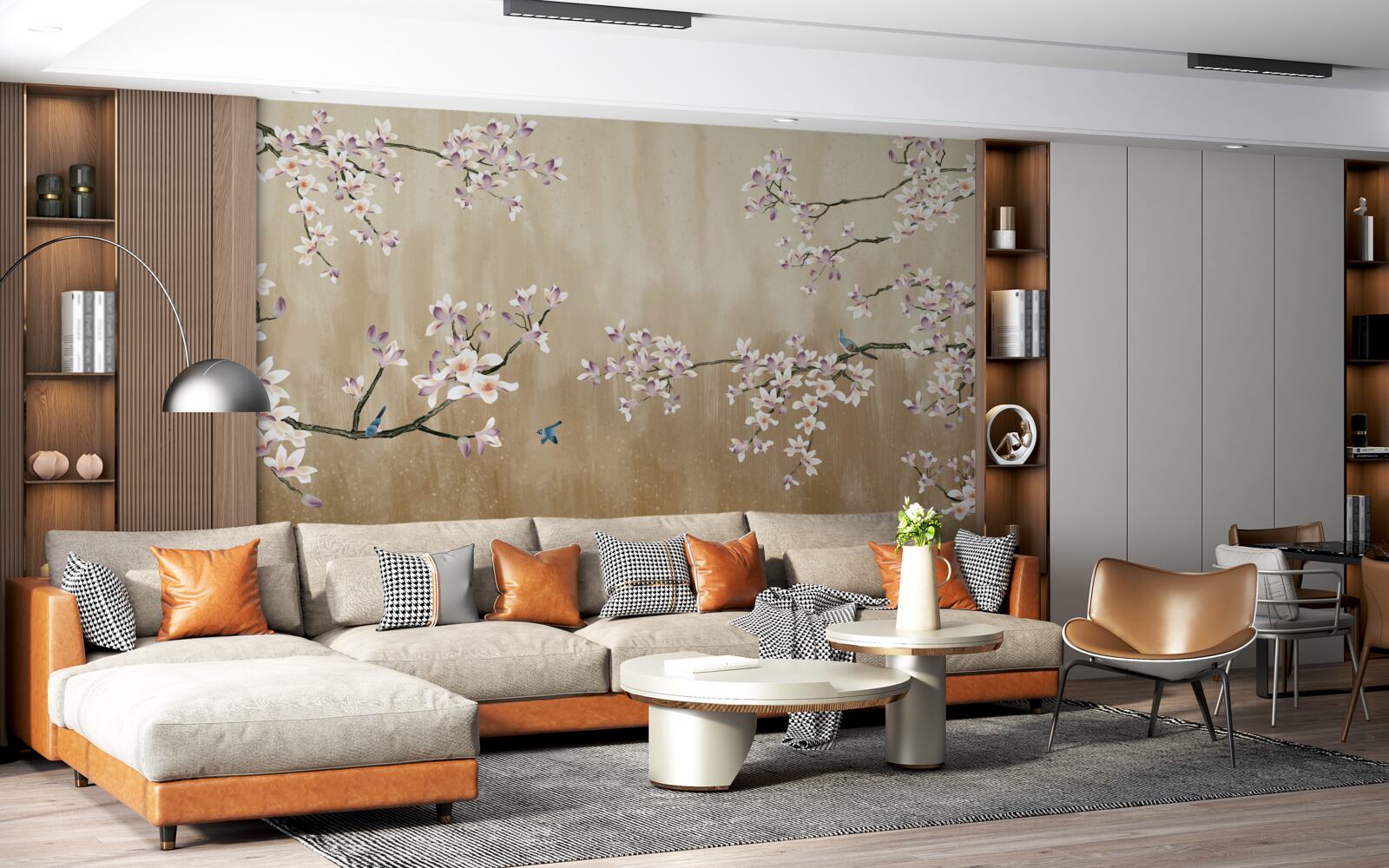 Papier peint des fleurs épanouies qui font la joie des oiseaux