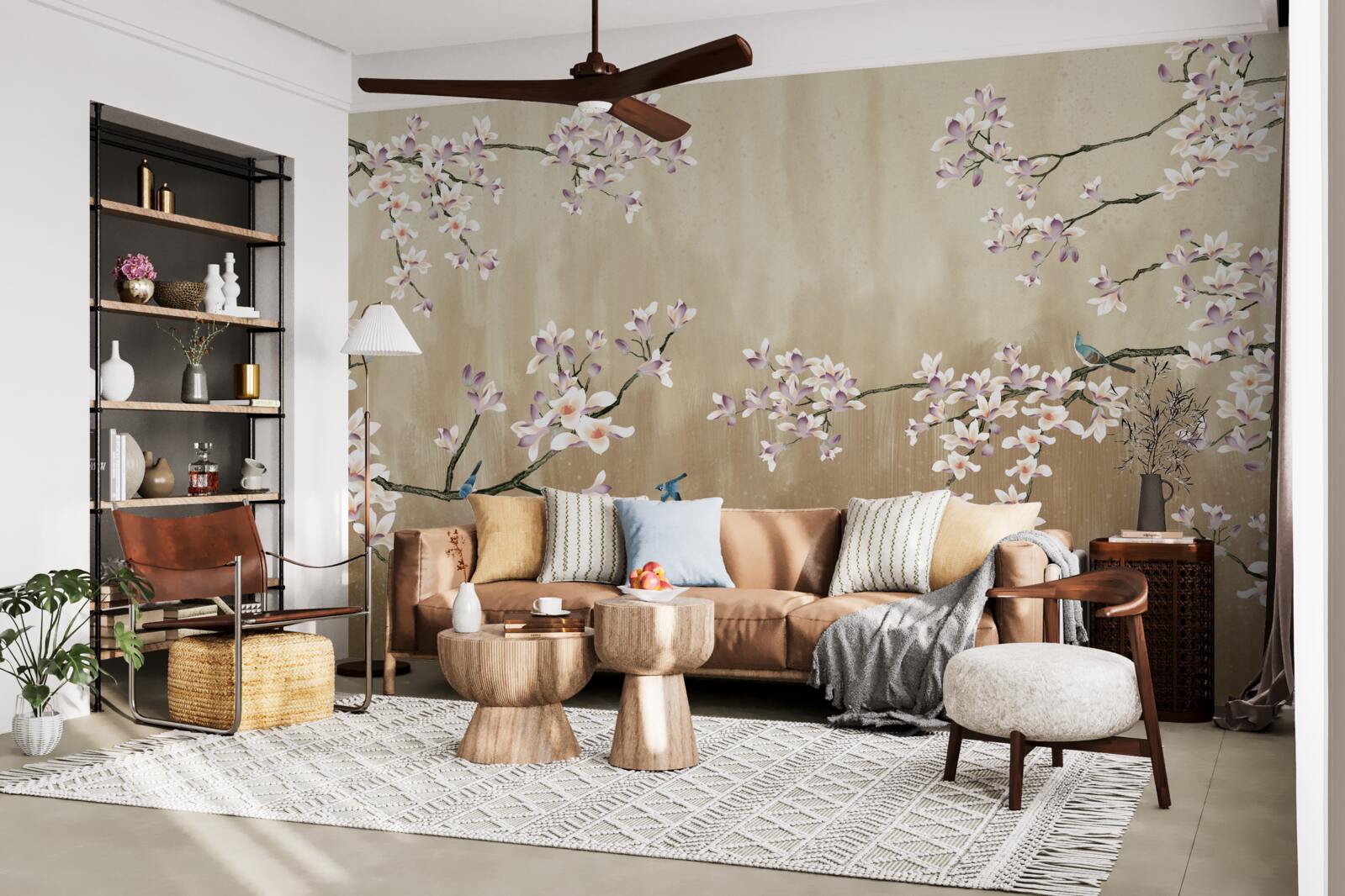 Papier peint des fleurs épanouies qui font la joie des oiseaux