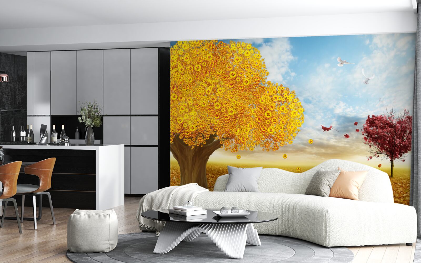 Papier peint nuances vibrantes des feuilles d'automne sur fond de ciel bleu