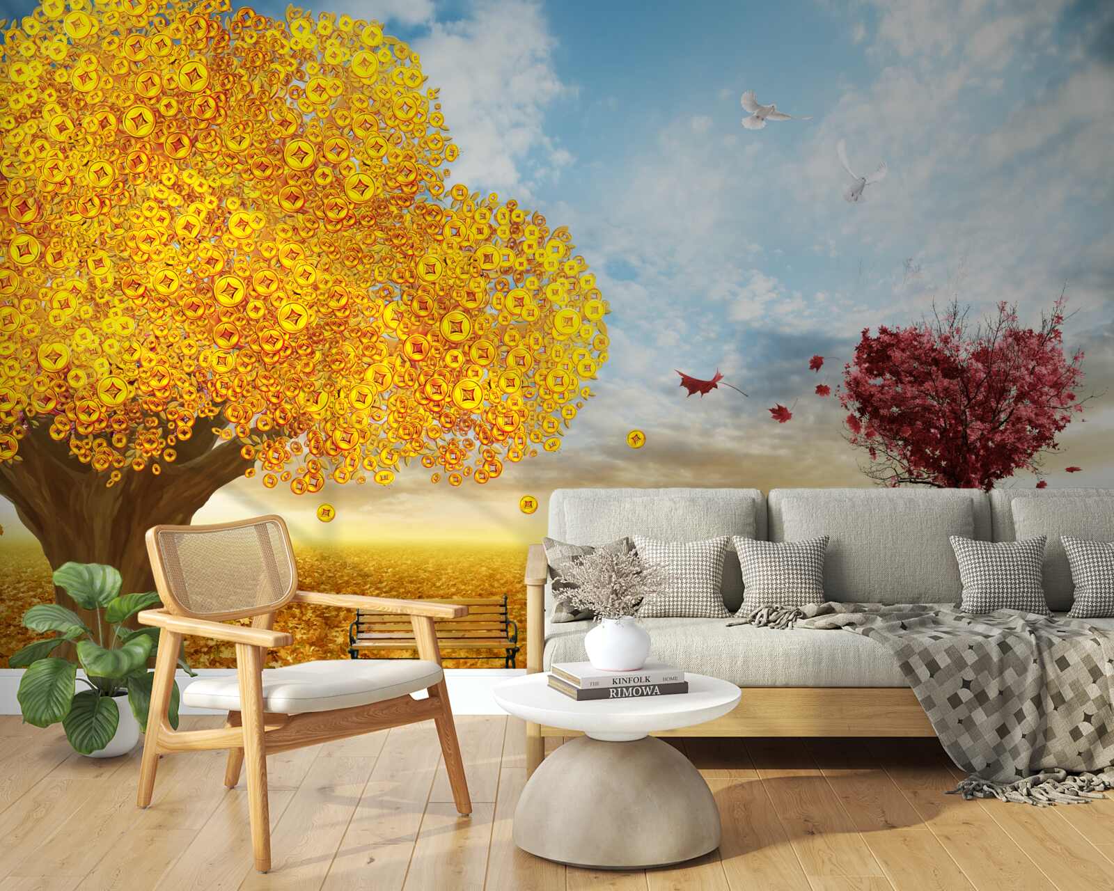 Papier peint nuances vibrantes des feuilles d'automne sur fond de ciel bleu