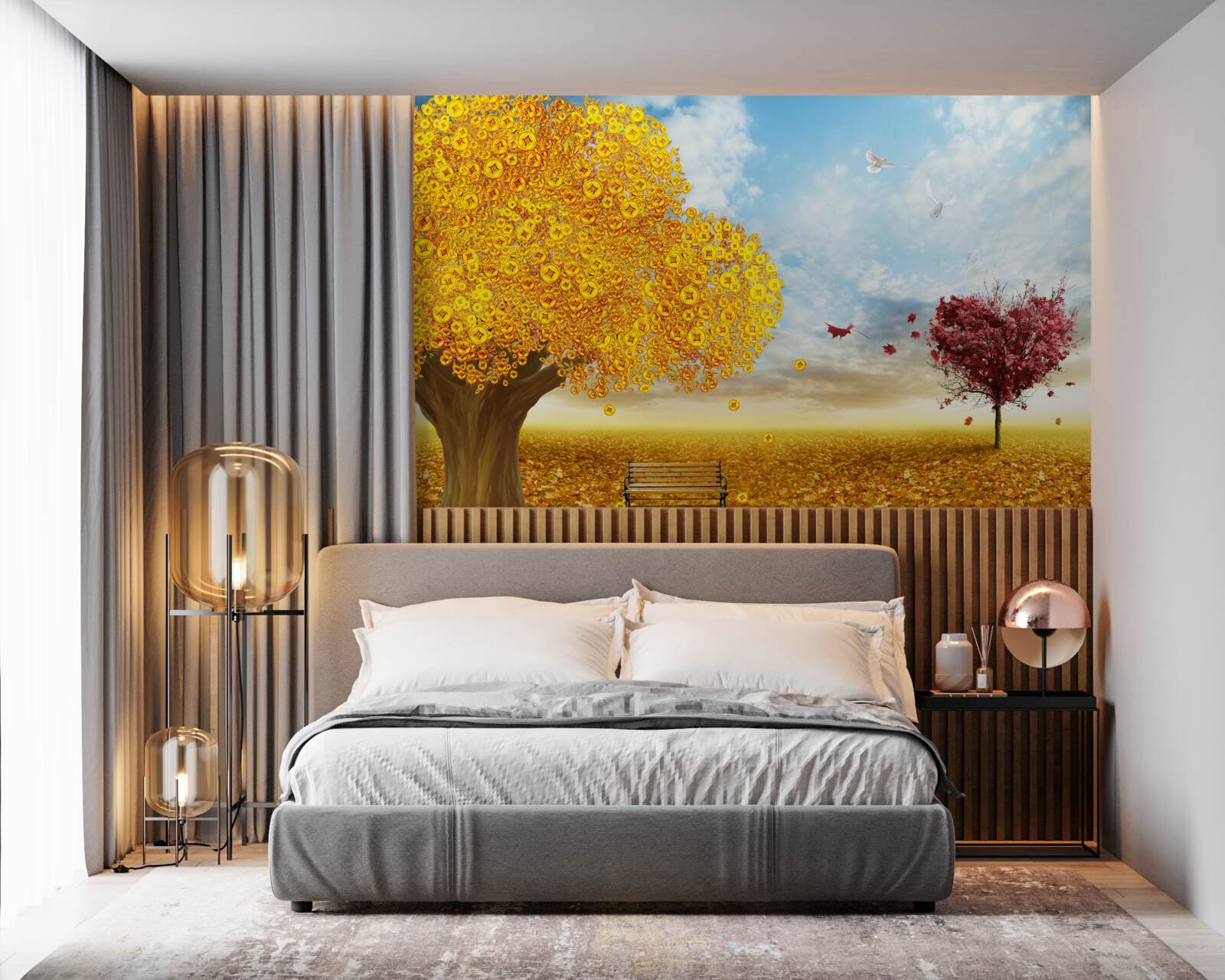 Papier peint nuances vibrantes des feuilles d'automne sur fond de ciel bleu