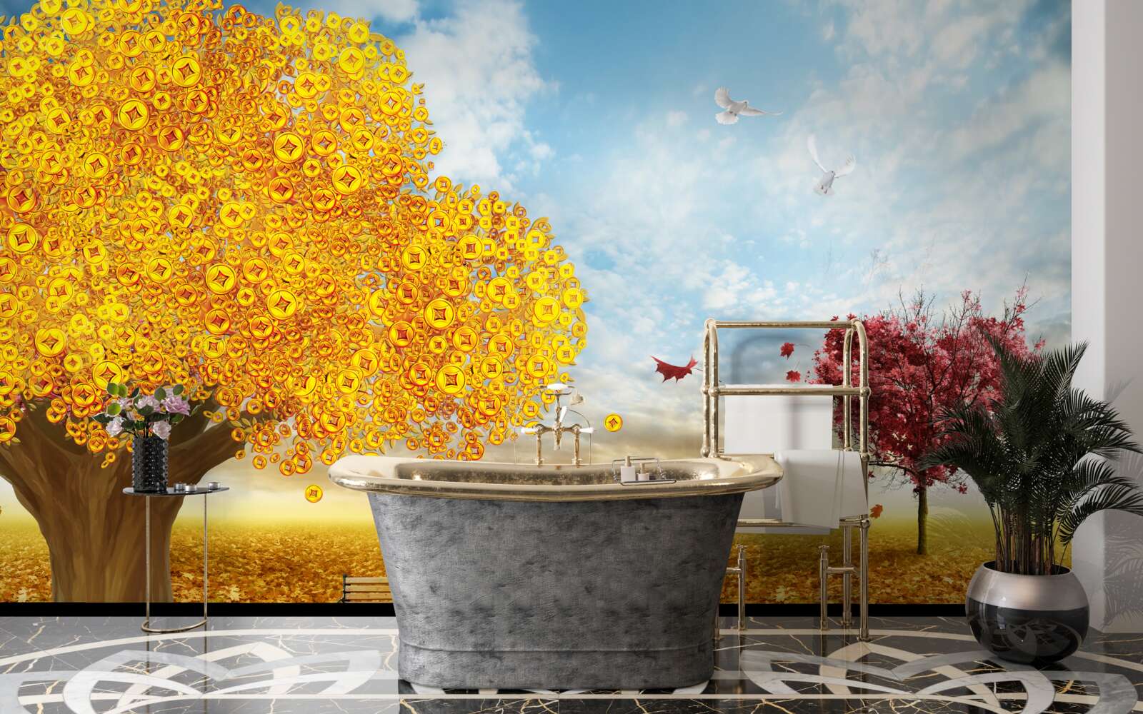 Papier peint nuances vibrantes des feuilles d'automne sur fond de ciel bleu