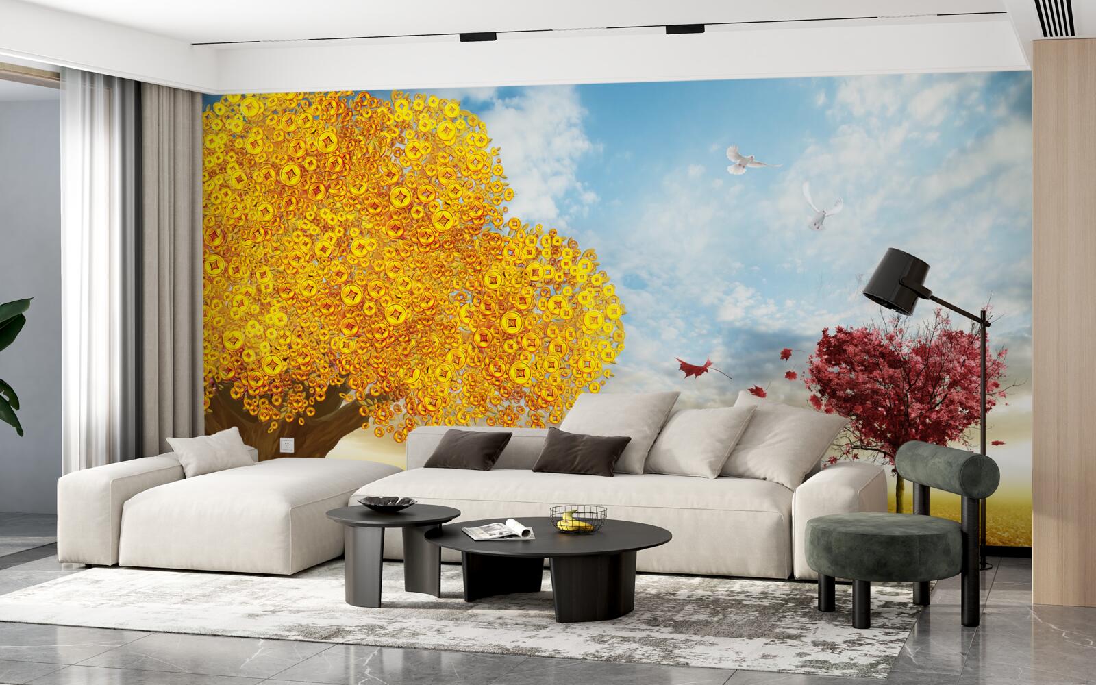 Papier peint nuances vibrantes des feuilles d'automne sur fond de ciel bleu