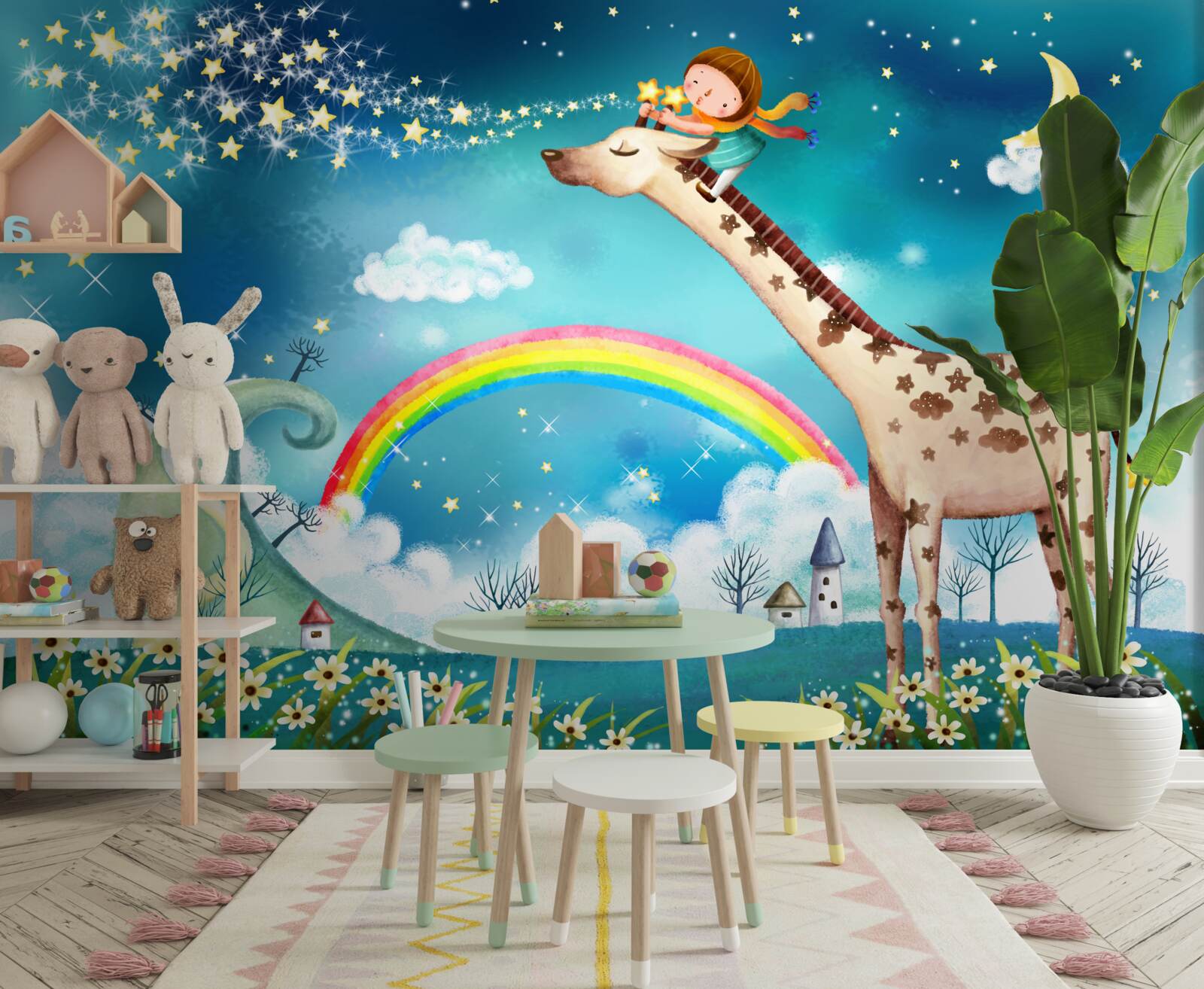 Papier peint enfant sur une girafe sur fond d'arc-en-ciel