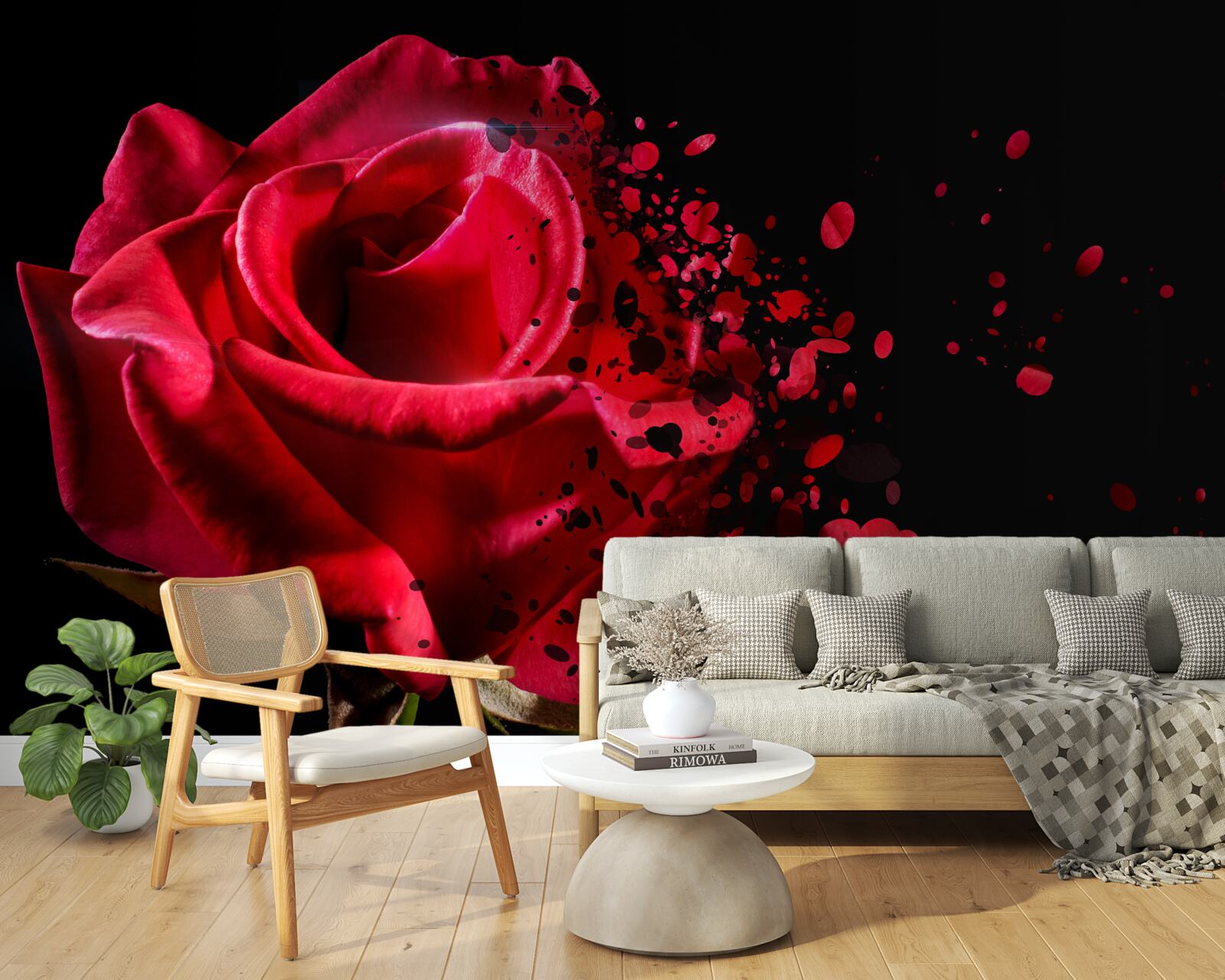 Papier peint fleurs de roses rouges sur fond noir