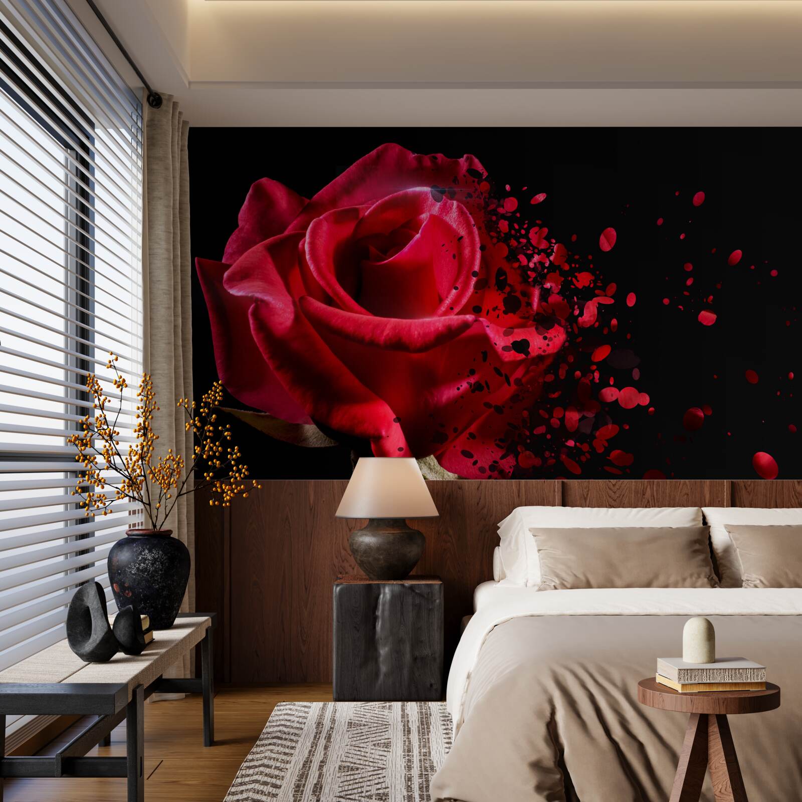 Papier peint fleurs de roses rouges sur fond noir