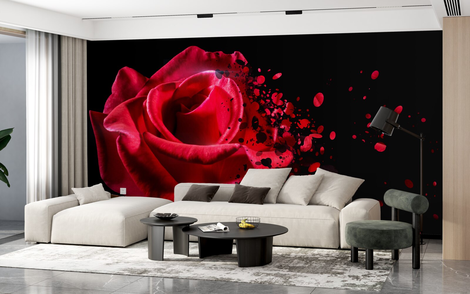 Papier peint fleurs de roses rouges sur fond noir