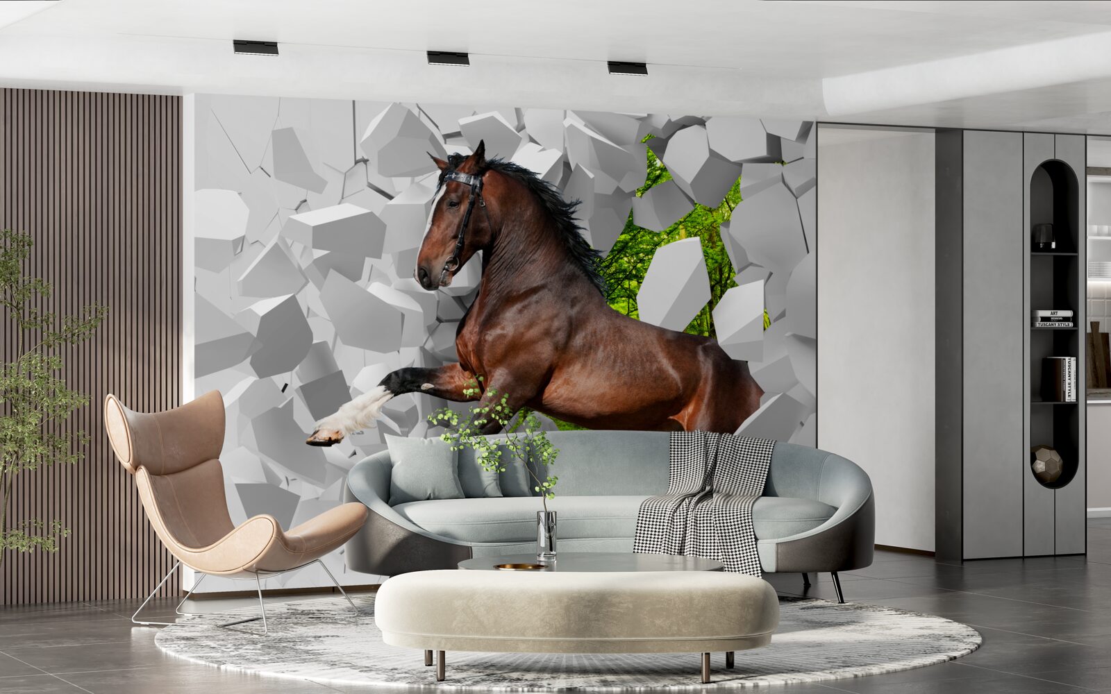 Papier peint le cheval brun franchit l'obstacle du mur