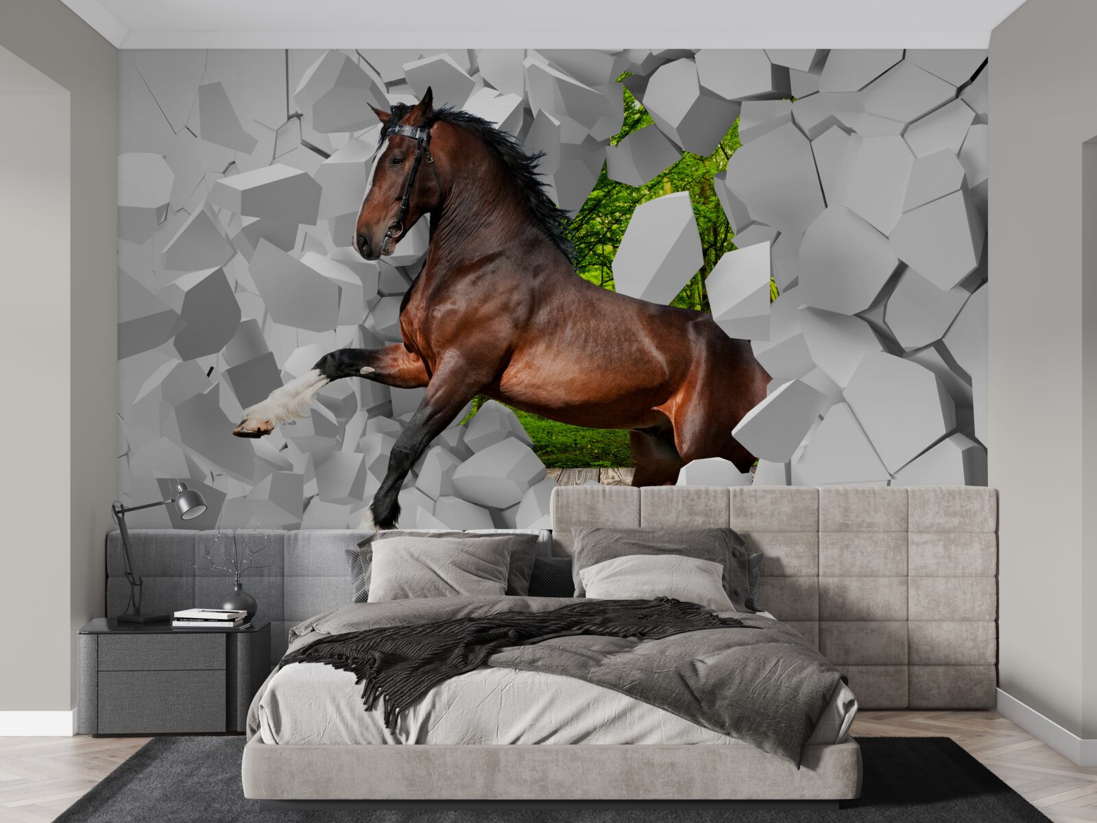 Papier peint le cheval brun franchit l'obstacle du mur