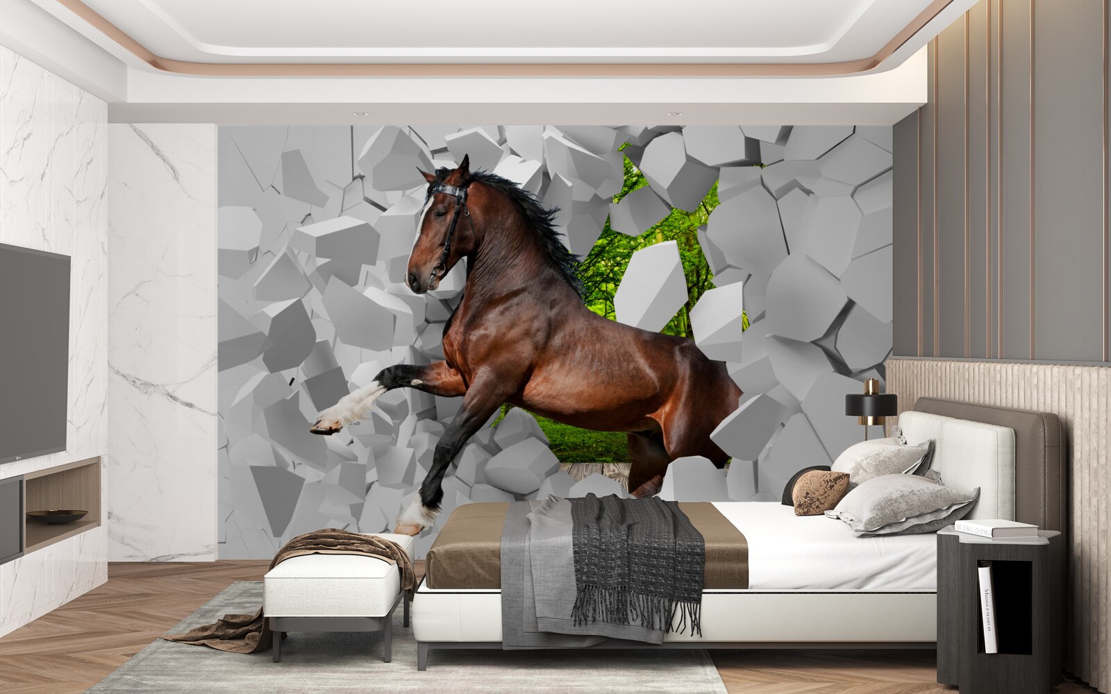 Papier peint le cheval brun franchit l'obstacle du mur
