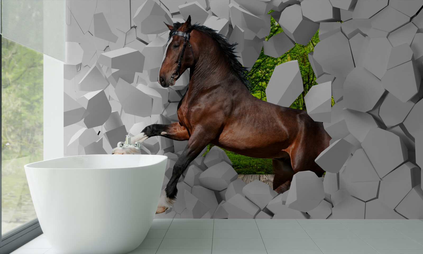 Papier peint le cheval brun franchit l'obstacle du mur