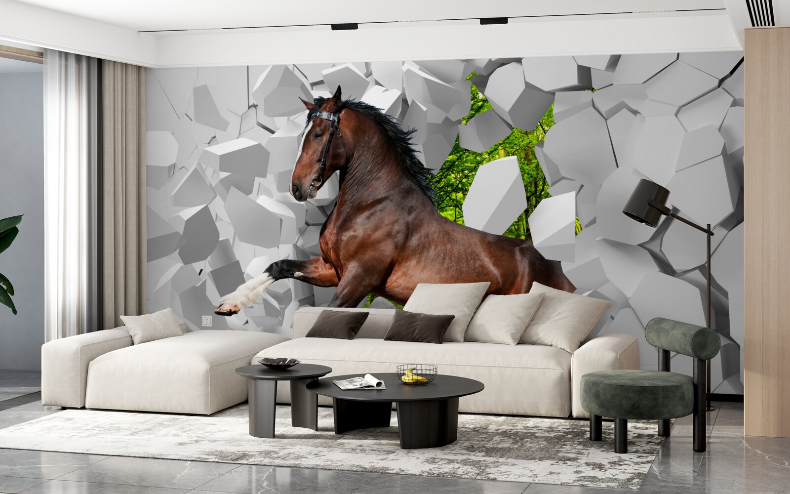 Papier peint le cheval brun franchit l'obstacle du mur