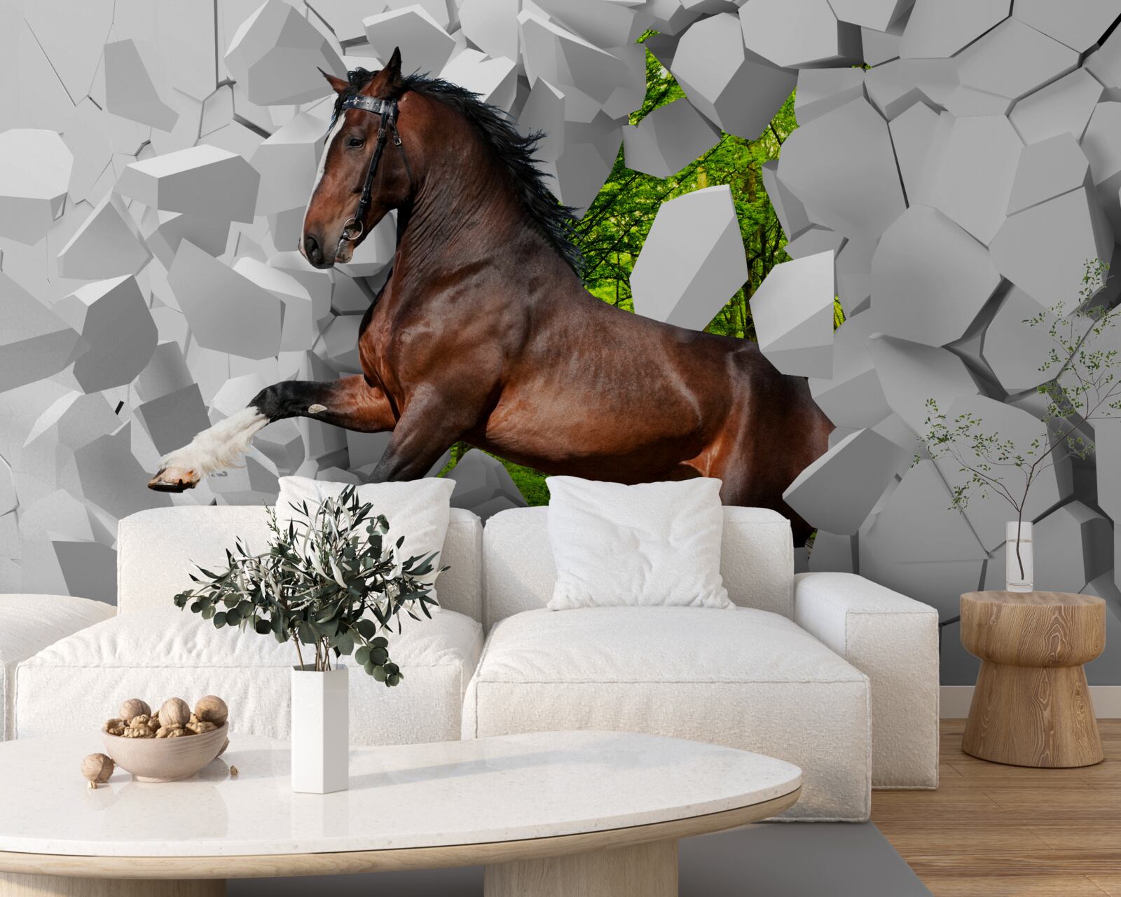 Papier peint le cheval brun franchit l'obstacle du mur