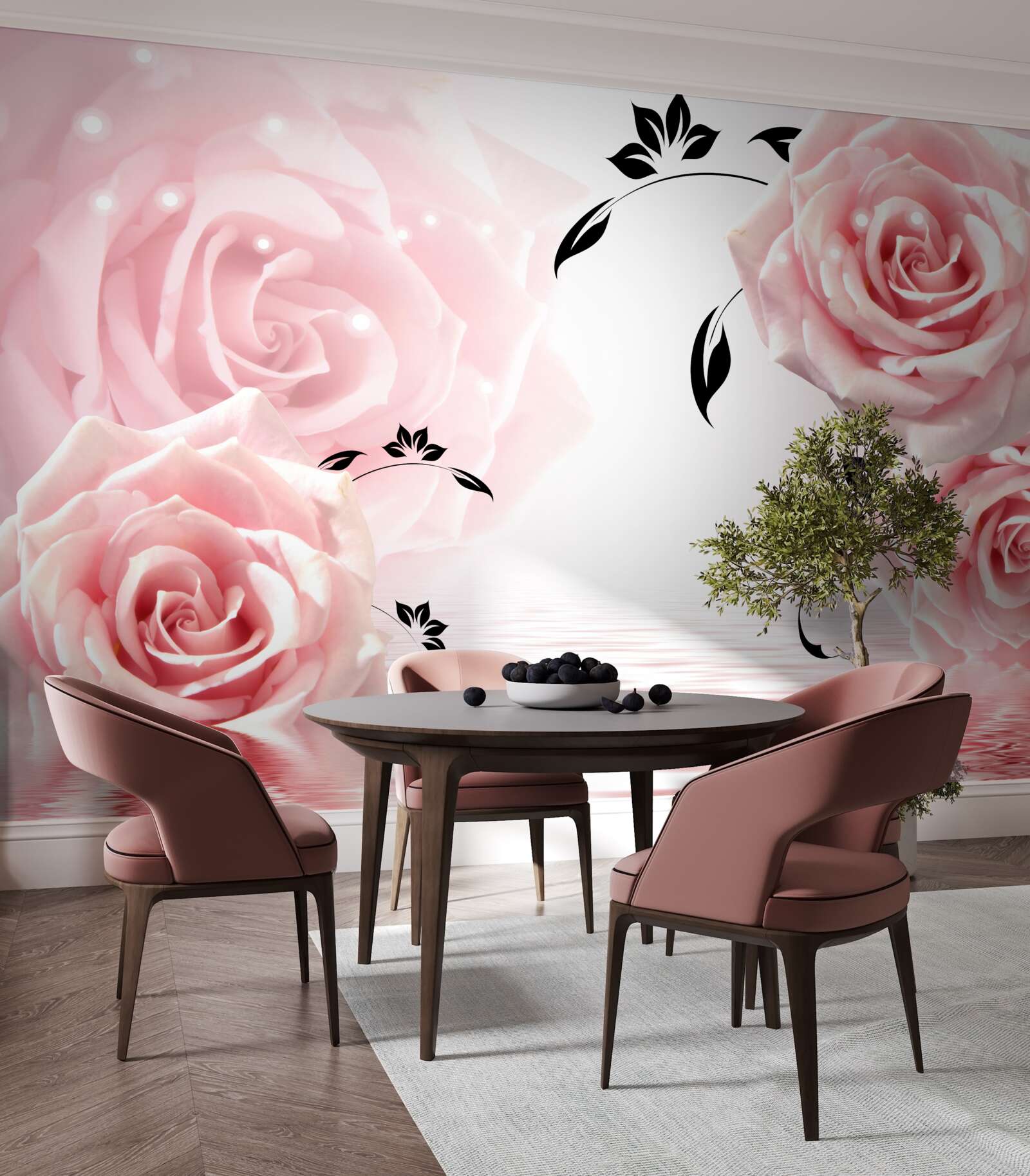 Papier peint grandes roses dans une nuance rose délicate