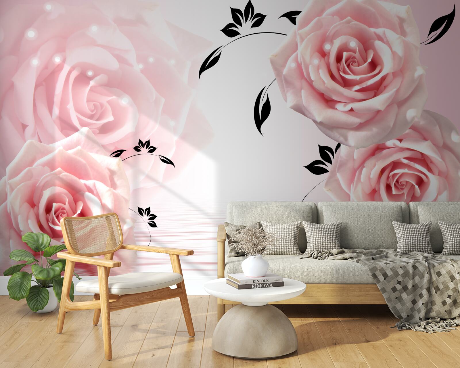 Papier peint grandes roses dans une nuance rose délicate