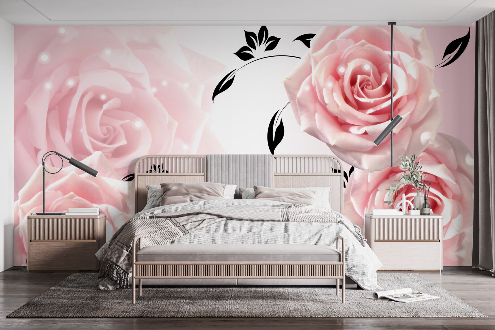 Papier peint grandes roses dans une nuance rose délicate