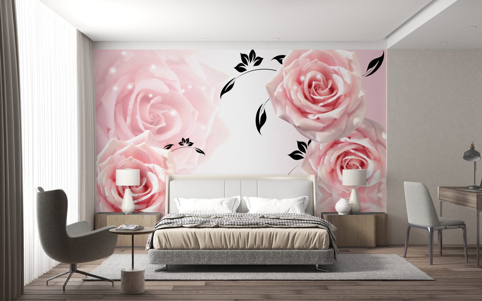 Papier peint grandes roses dans une nuance rose délicate