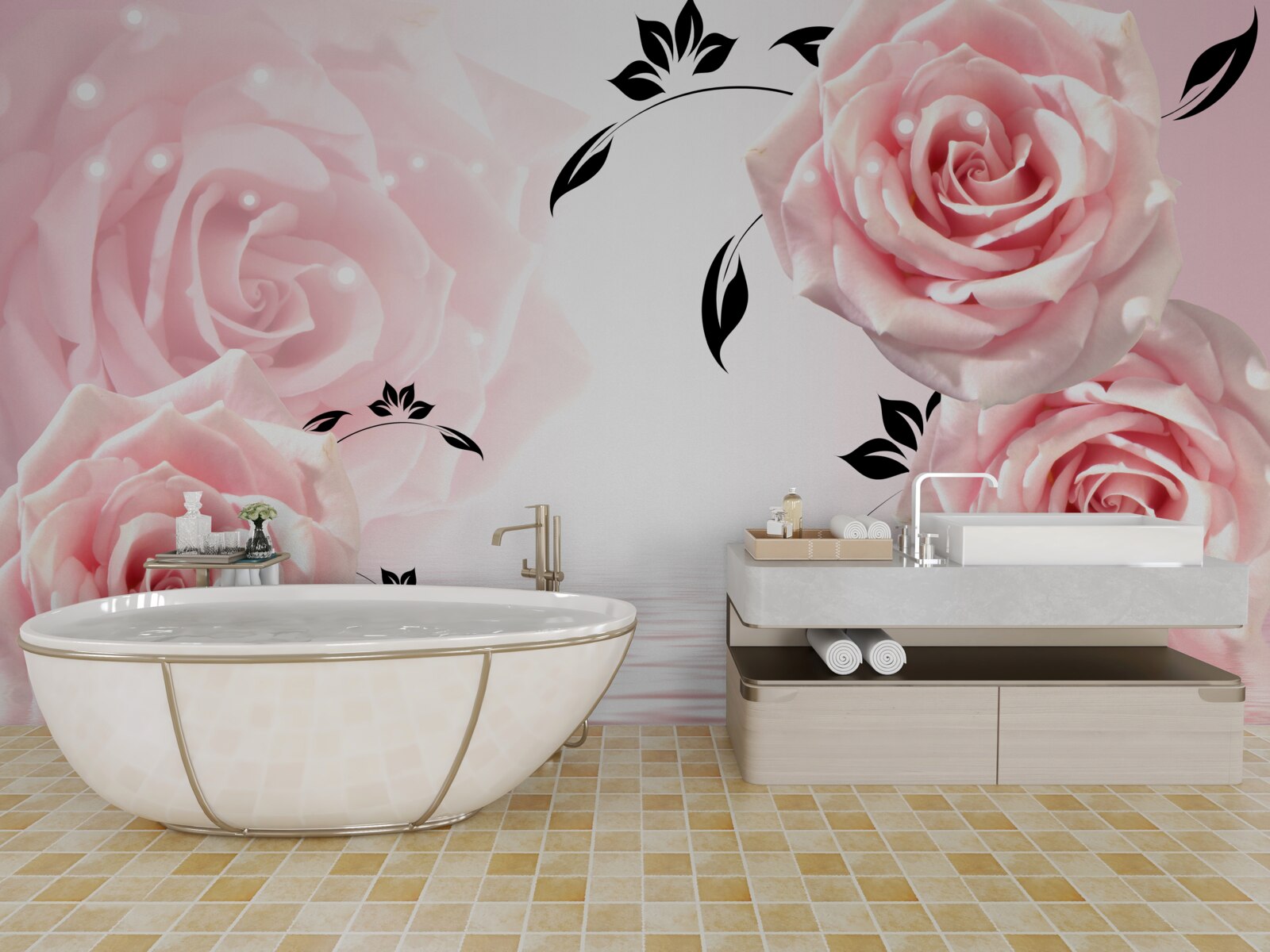 Papier peint grandes roses dans une nuance rose délicate