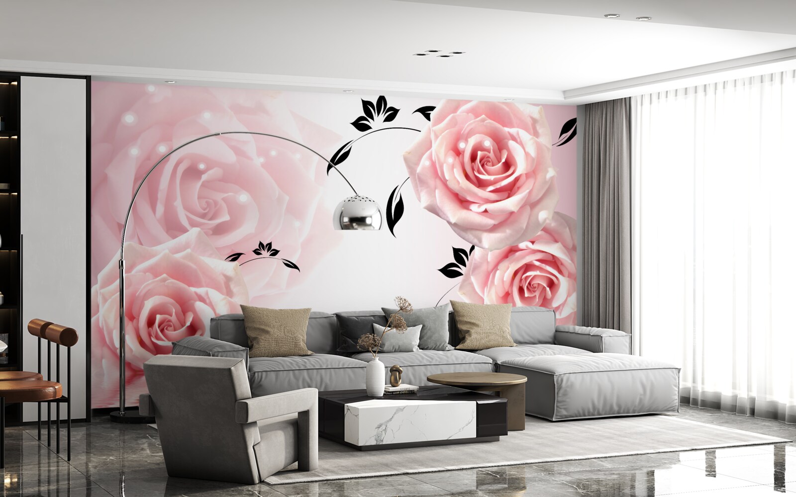 Papier peint grandes roses dans une nuance rose délicate