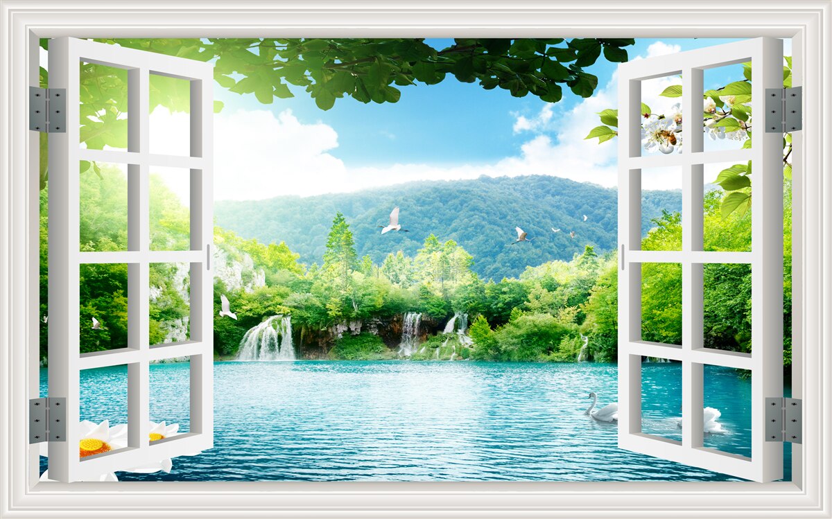 Papier peint la fenêtre donne sur un lac dans lequel se jettent des cascades
