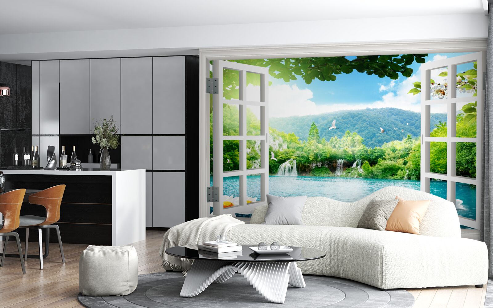 Papier peint la fenêtre donne sur un lac dans lequel se jettent des cascades
