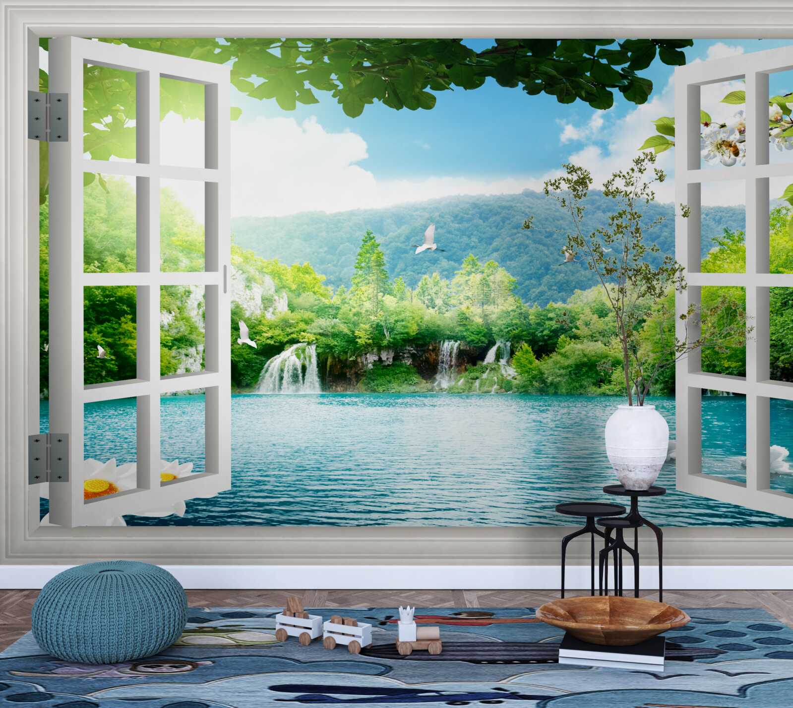 Papier peint la fenêtre donne sur un lac dans lequel se jettent des cascades