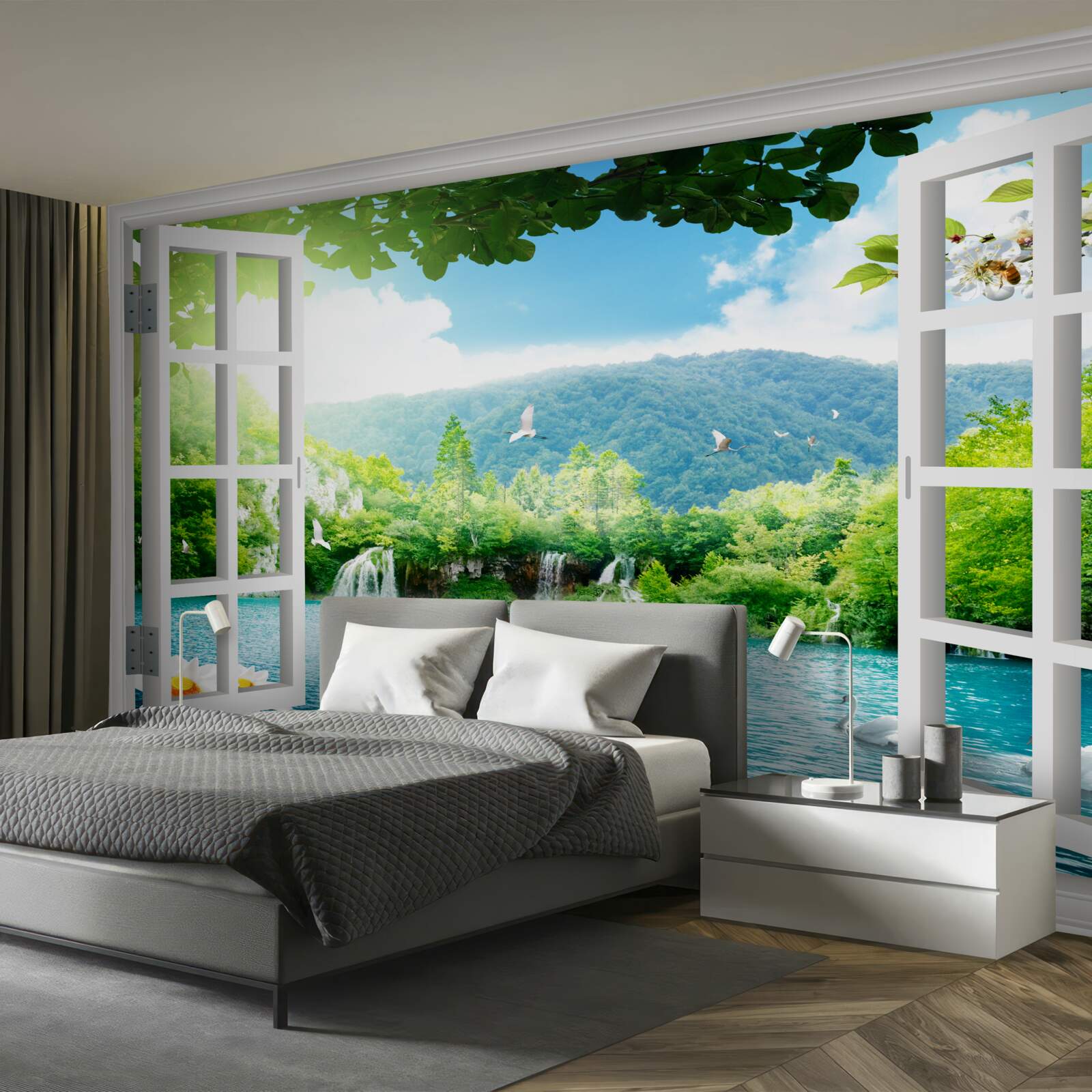 Papier peint la fenêtre donne sur un lac dans lequel se jettent des cascades