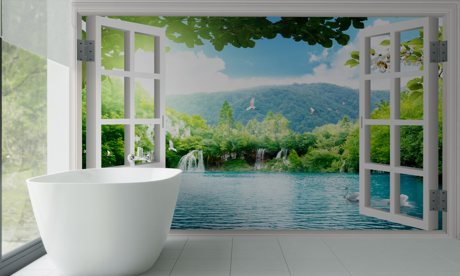 Papier peint la fenêtre donne sur un lac dans lequel se jettent des cascades