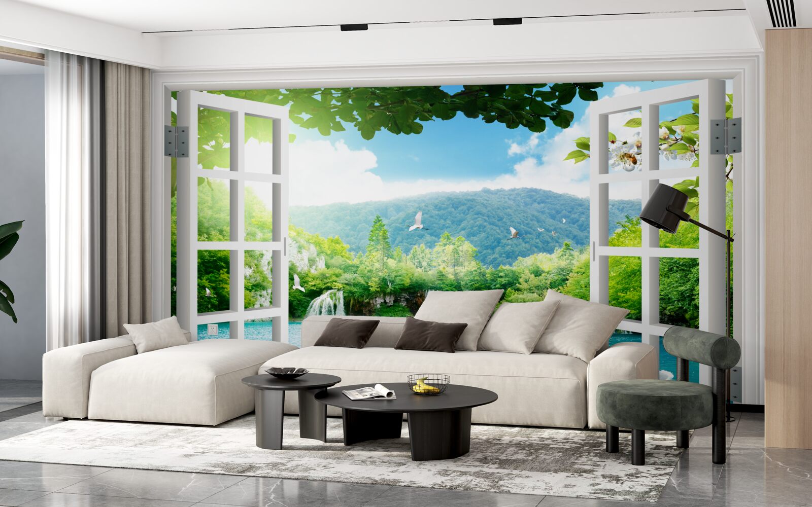 Papier peint la fenêtre donne sur un lac dans lequel se jettent des cascades