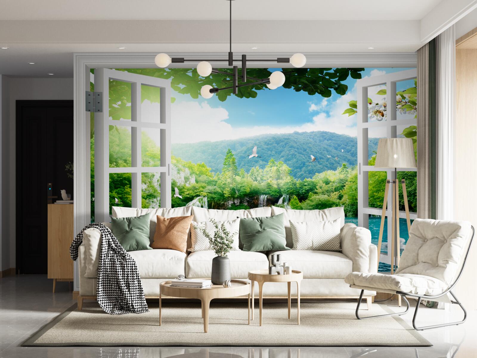 Papier peint la fenêtre donne sur un lac dans lequel se jettent des cascades