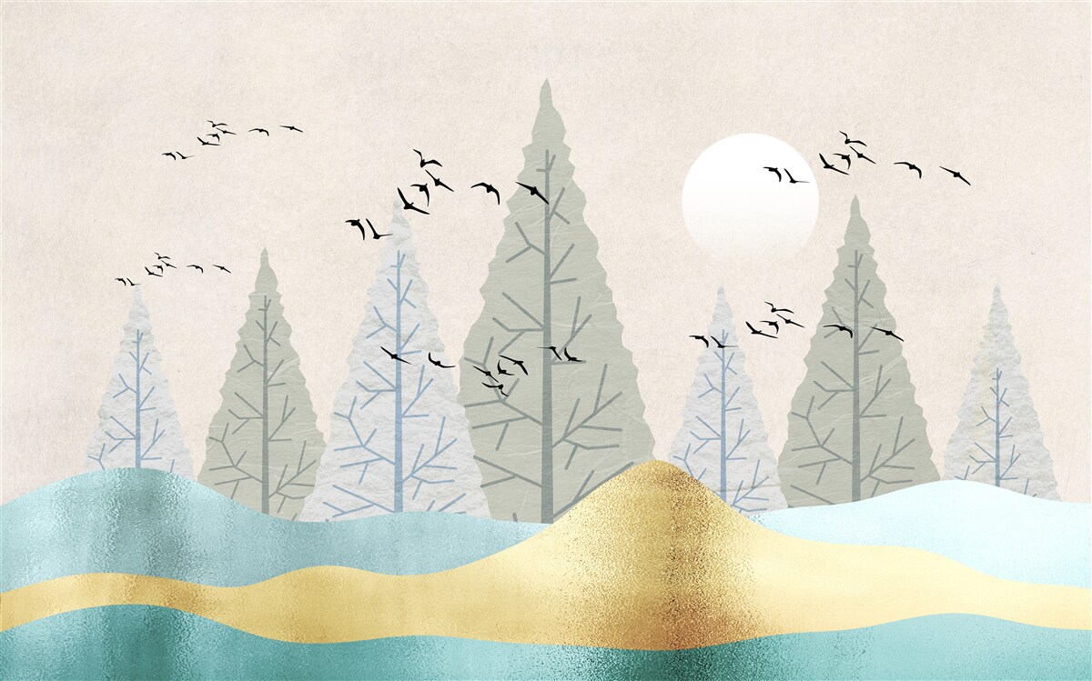 Papier peint oiseaux volant au-dessus de la forêt au coucher du soleil