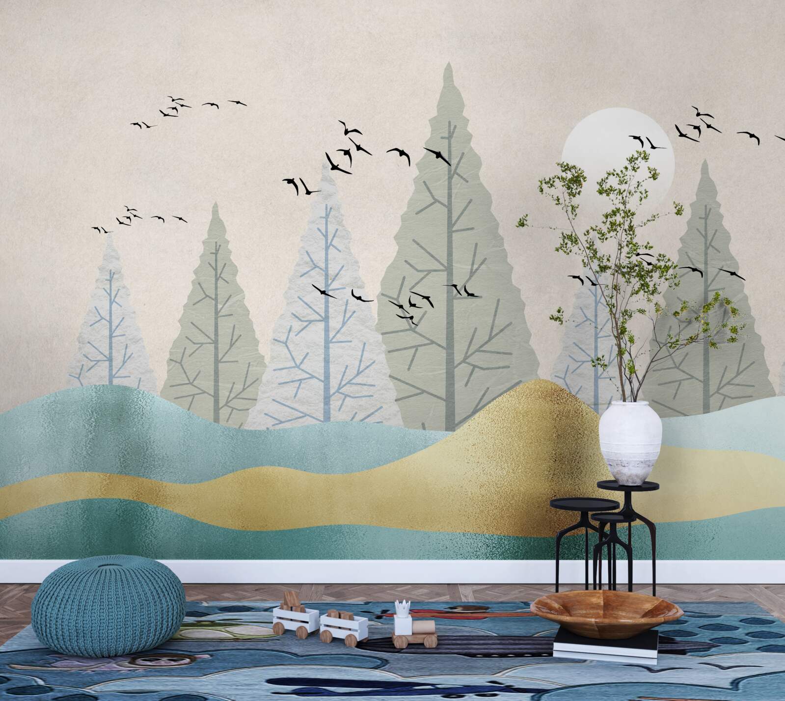 Papier peint oiseaux volant au-dessus de la forêt au coucher du soleil