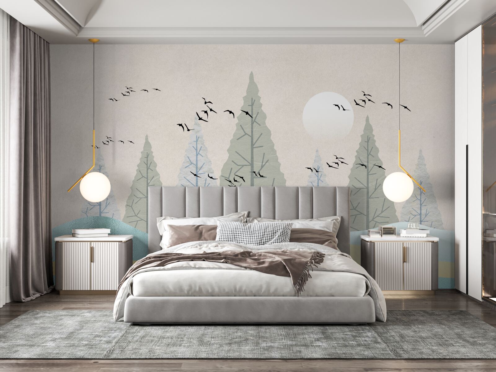 Papier peint oiseaux volant au-dessus de la forêt au coucher du soleil