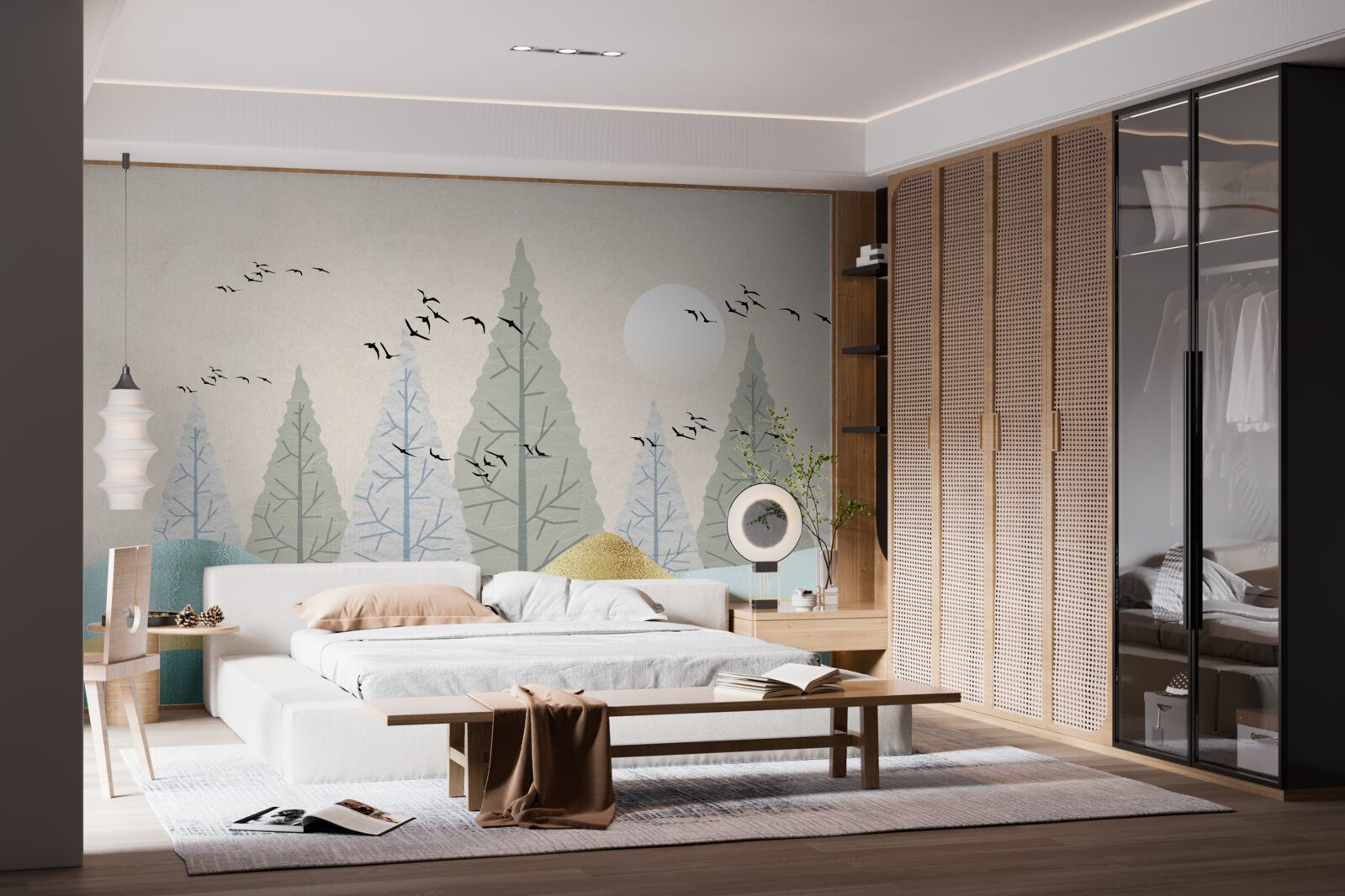 Papier peint oiseaux volant au-dessus de la forêt au coucher du soleil