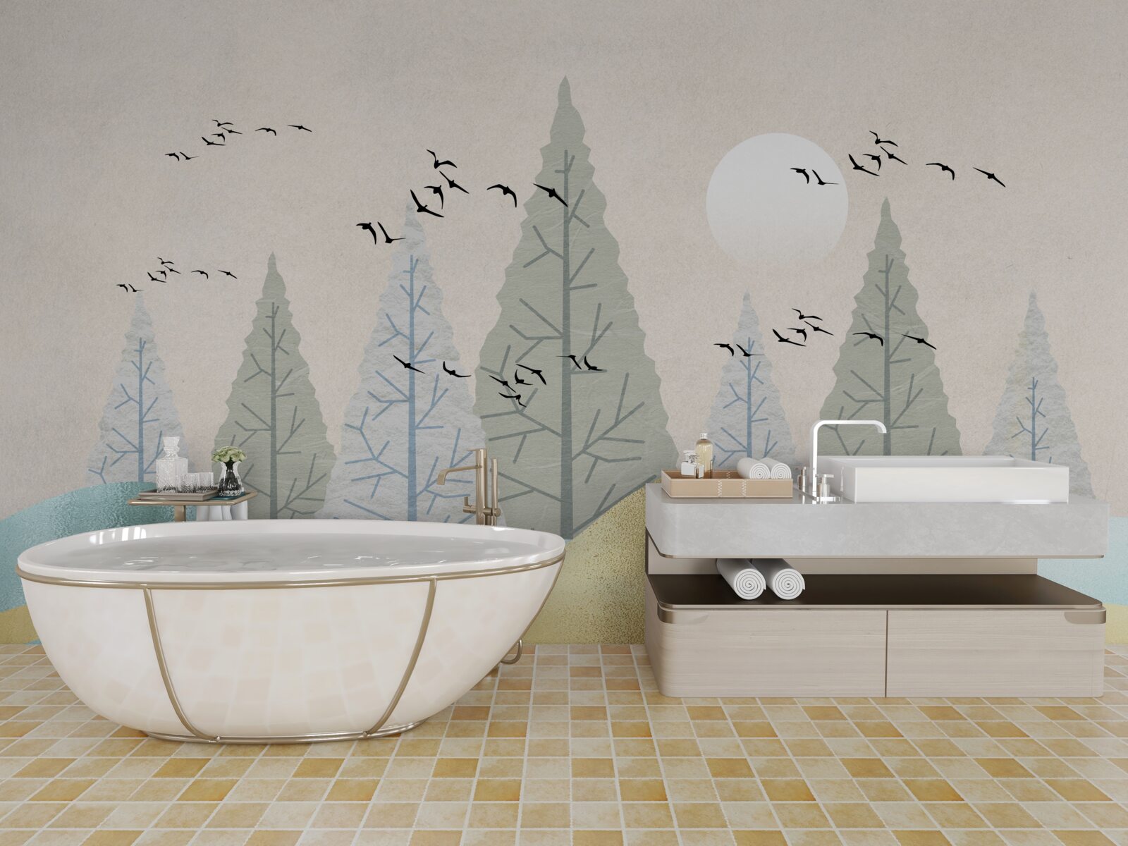 Papier peint oiseaux volant au-dessus de la forêt au coucher du soleil