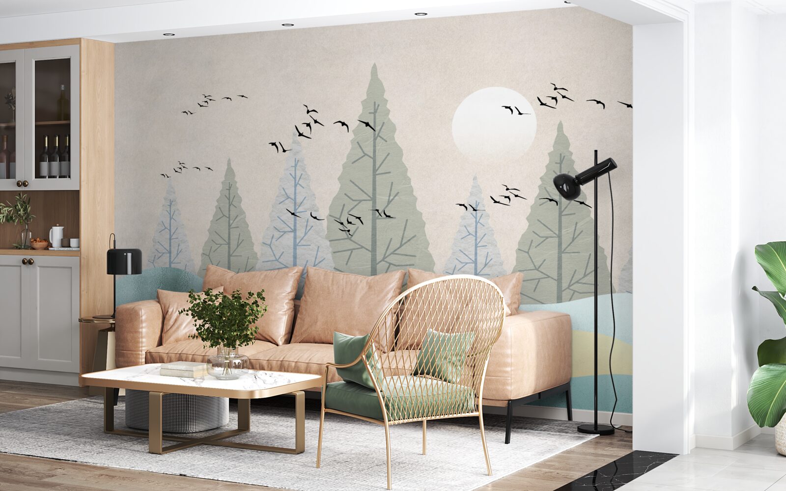 Papier peint oiseaux volant au-dessus de la forêt au coucher du soleil