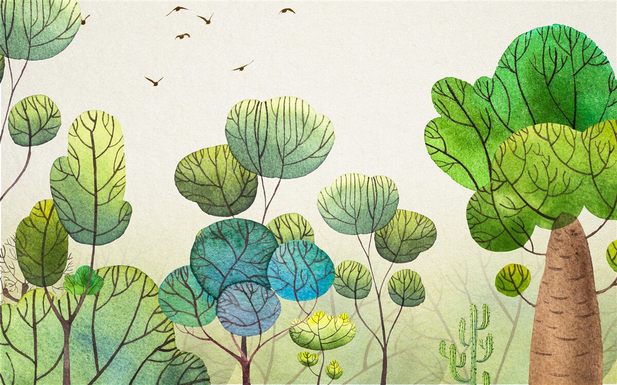 Papier peint arbres peints à l'aquarelle